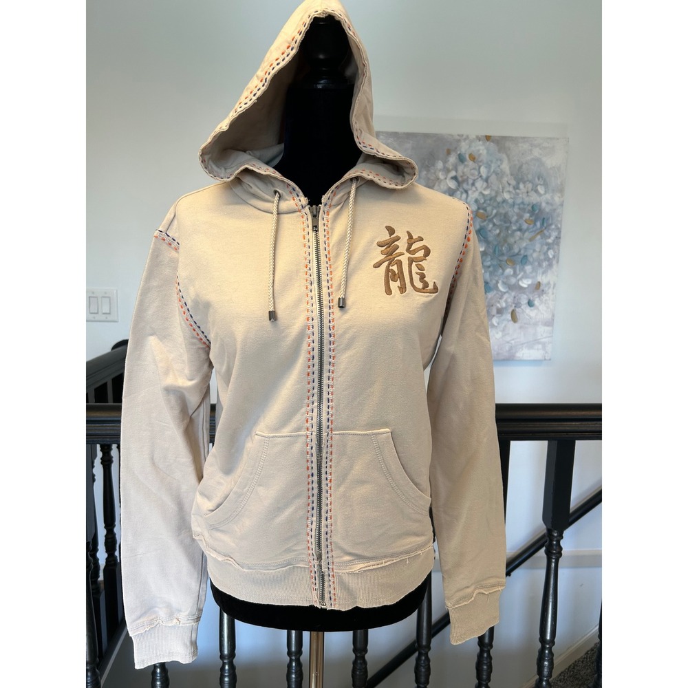 Boston Proper Beige Embroidered Dragon Full Zip Hoodie Whipstitch Detail Small